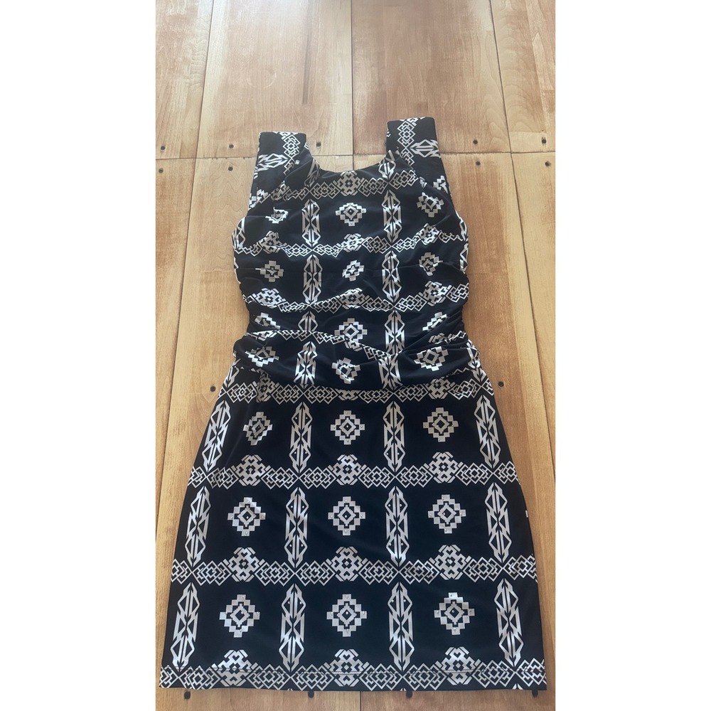 INC International Concepts Petite‎ Black White Geometric Ruched Sheath Dress L